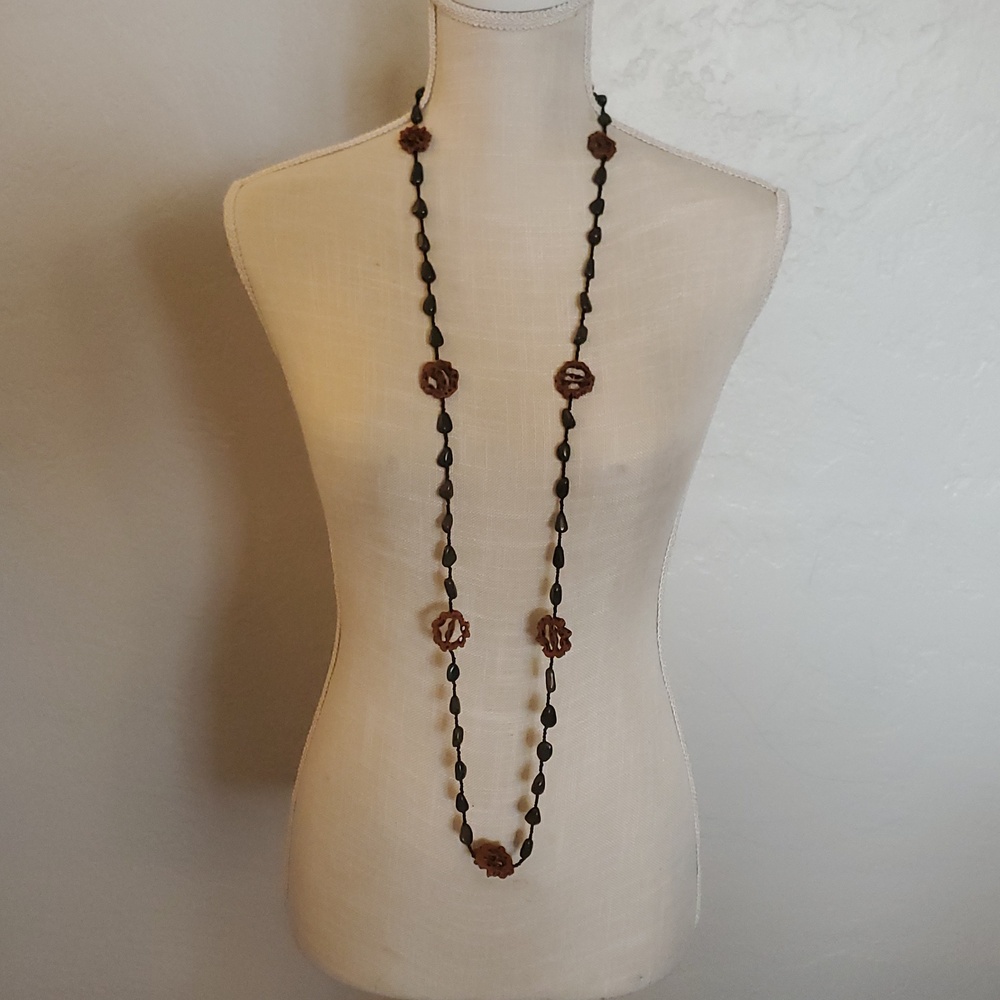 Vintage Walnut Shell Slice Long Necklace With Green Black Beads